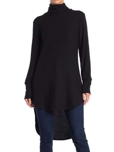 Long Sleeve Solid Regular Fit Casual Top, Black, Tops