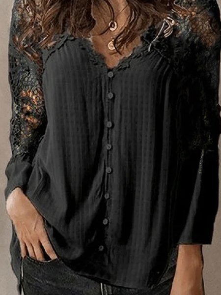 Lady Loosen V Neck Shirts & Tops, Black, Shirts & Blouses