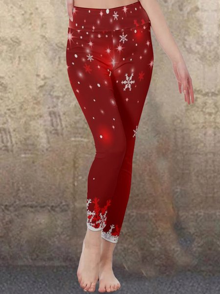 Snowflakes On Red Background Leggings Women's Pants, As picture, Leggings
