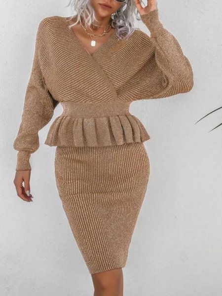 Elegant Regular Fit V Neck Mini Dress, Brown, Mini Dresses