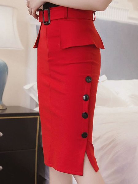 Solid Slim Fit Elegant Skirt, Red, Midi Skirts