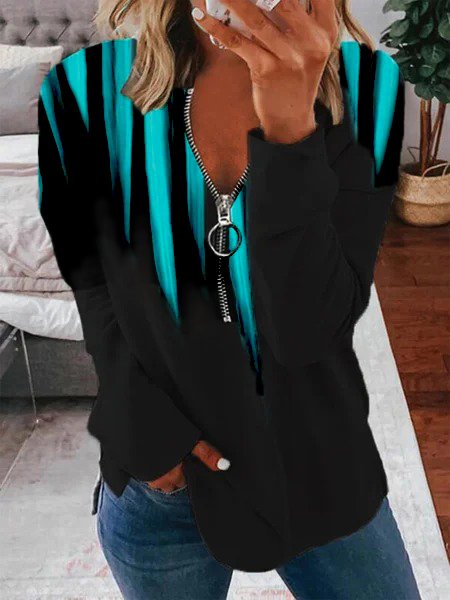 Color-block Printed Zipper V Neck Long Sleeve Plus Size Casual Tops, Black-blue, Tops
Color-block Printed Zipper V Neck Long Sleeve Plus Size Casual Tops, Black-blue, Tops