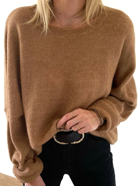 Acrylic Casual Crew Neck Sweater, Coffee, Sweaters