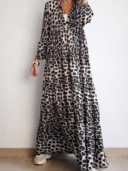A-line Leopard Loosen Casual V Neck Dresses, Gray, Maxi Dresses