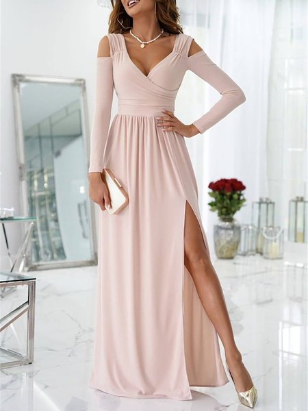 Sexy Solid Lady Maxi Long Sleeves Dresses, Apricot, Maxi Dresses