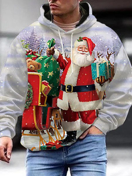 Christmas Santa Print Long Sleeve Hooded Sweatshirt, As picture, Hoodies&Sweatshirts