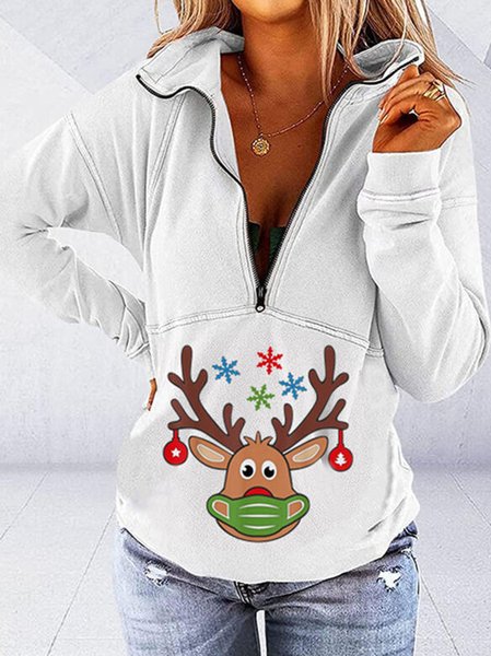 Christmas Printed Casual Pockets Sweatshirt, White, Sweatshirts & Hoodies