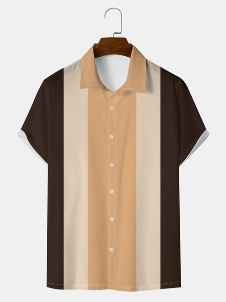 Mens Striped Print Casual Breathable Short Sleeve Hawaiian Shirts, Khaki, Men's Floral shirt