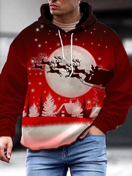 Christmas Print Long Sleeve Hoodie Sweatshirt, Red, Hoodies&Sweatshirts