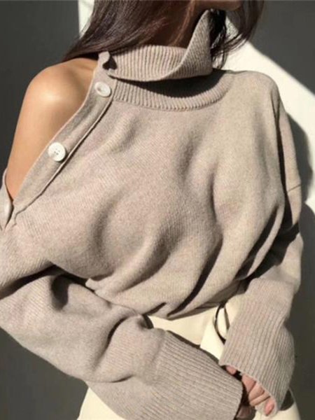 High Neck Long sleeve Solid Casual Sweater, As picture, Pullovers