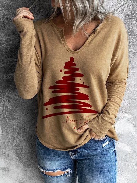 Casual Abstract Christmas Tree Shirts & Tops, Khaki, Long sleeve tops