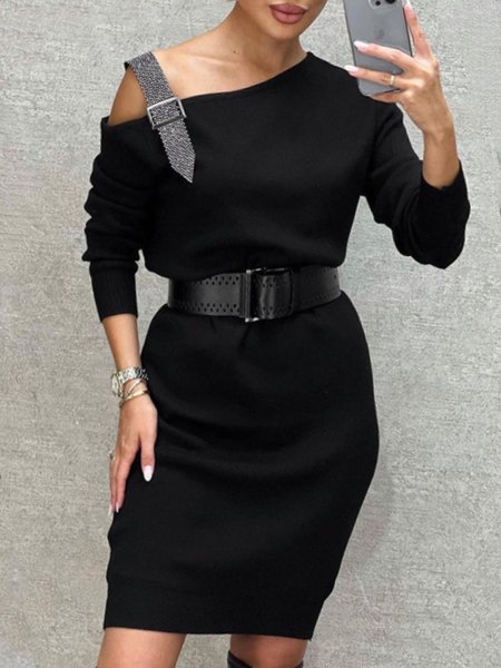 Elegant Slim Fit Off The Shoulder Buttoned Sweater Dress, Black, Mini Dresses