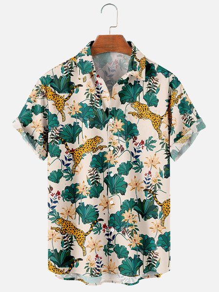 Shirt Collar Leaves Vacation Shirts, As picture, Men's Floral shirt