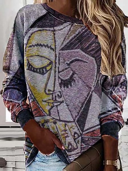 Crew Neck Abstract Cotton Blends Sweatshirt, Multicolor, Hoodies & Sweatshirts