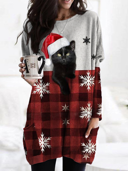 Plus size Casual Christmas Cat Printed Sweatshirt, Red, Hoodies & Sweatshirts