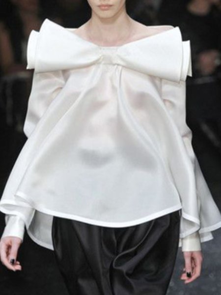 Elegant Boat Neck Knot Front Long Sleeve Top, White, Blouses and Shirts
