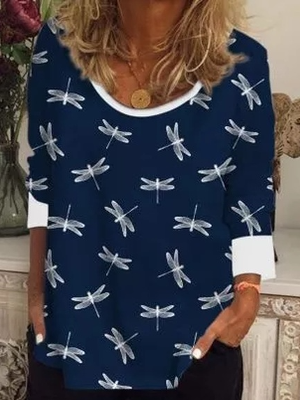 Animal Crew Neck Casual Shirts & Tops, Blue, Long sleeve tops