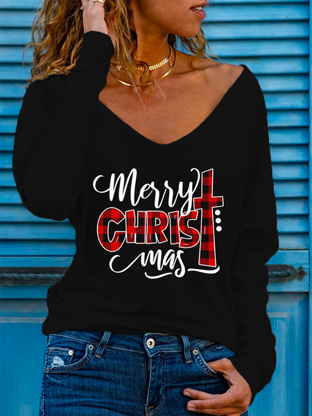 Plus size Christmas Casual Shirts & Tops, Black, T-Shirts