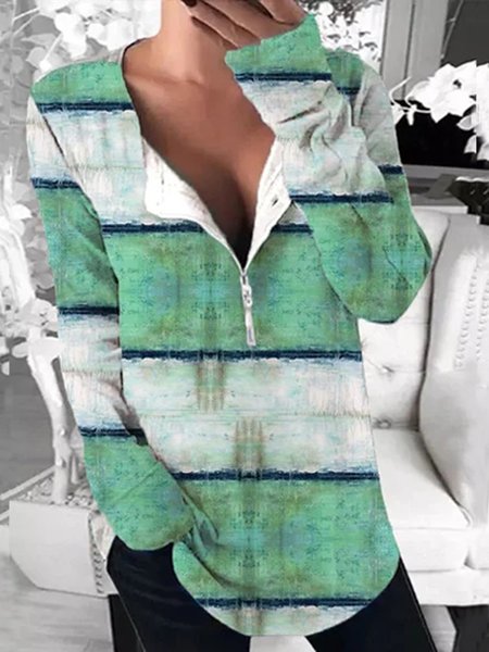 Casual Loosen Striped Top, White-green, Long sleeve tops