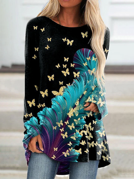 Butterfly Cotton Blends Crew Neck Shirts & Tops, Black, Long sleeve tops