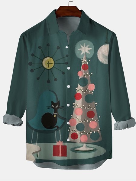 Christmas Cat Graphic Long Sleeve Casual Shirt, Green, Shirt