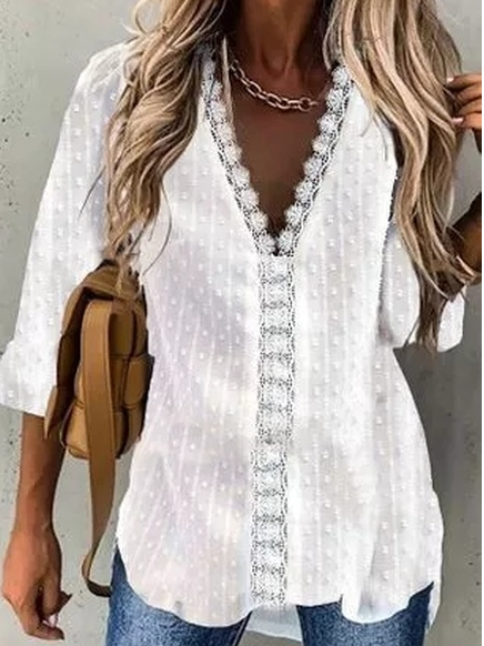 V Neck Casual Plain Shirts & Tops, White, Long sleeve tops