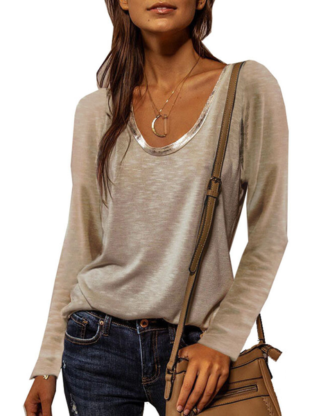 Casual Solid Loosen Shirts & Tops, Apricot, T-Shirts