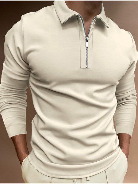 Long Sleeve Casual Plain Polo Top, Beige, polo