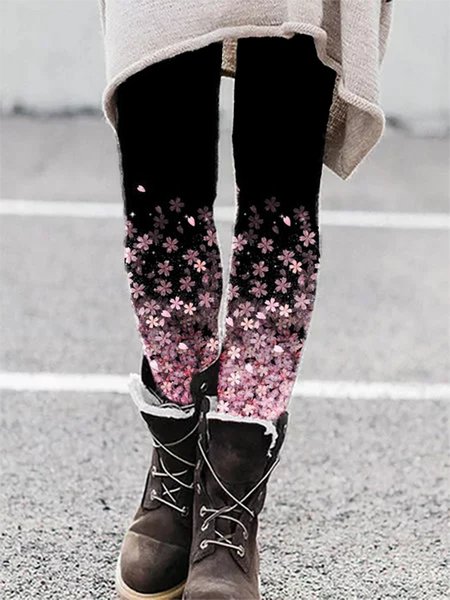 Floral Casual Pants, Black, Leggings