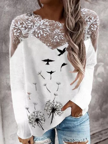 Lace Crew Neck Cotton Blends Plants Shirts & Tops, White, Tops