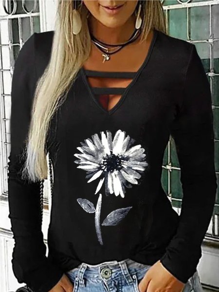 Casual V Neck Floral Long Sleeve Shirts & Tops, As picture, Tops
