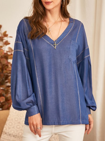 Pure Color Imitation Denim Hit Color Line Casual Loose V-neck Puff Sleeve Shirt, Blue, Long sleeve tops 
Pure Color Imitation Denim Hit Color Line Casual Loose V-neck Puff Sleeve Shirt, Blue, Long sleeve tops