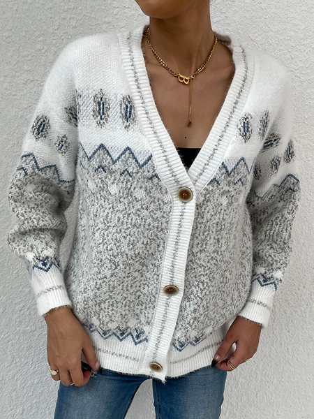 Tribal Off Shoulder V Neck Outerwear, Gray, Cardigans