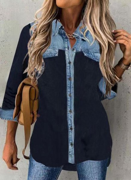 Casual Shirt Collar Shirts & Tops, Navy blue, Blouses & Shirts