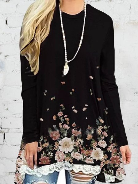 Floral Crew Neck Loose Top, Black, Tunics