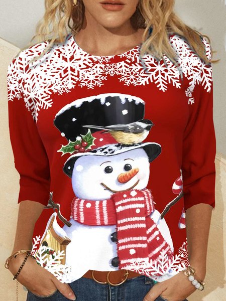 Christmas Casual Crew Neck Printed Loosen Shirts & Tops, As picture, Tops