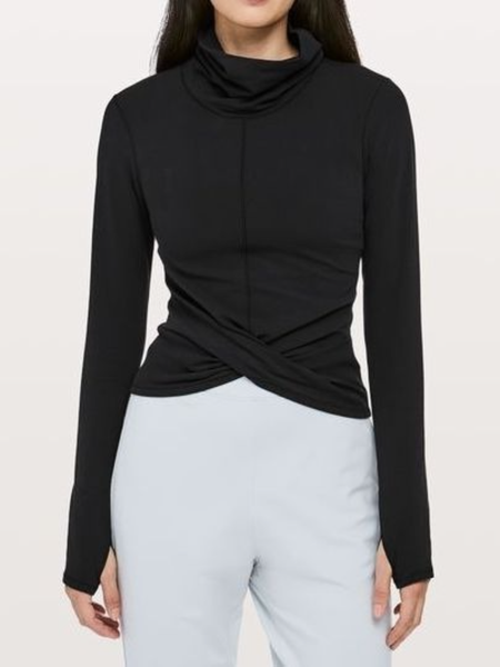 Spring High Neck Cotton Regular Fit High Stretch Long sleeve Tops, Black, Tops