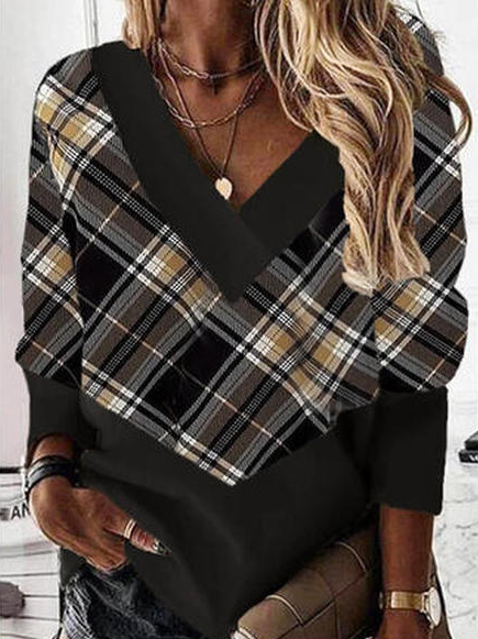 Grid V Neck Cotton Blends Sweatshirt, Black, Sweatshirts & Hoodies