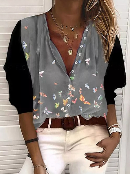 Cotton Blends Butterfly V Neck Shirts & Tops, Gray, Shirts & Blouses