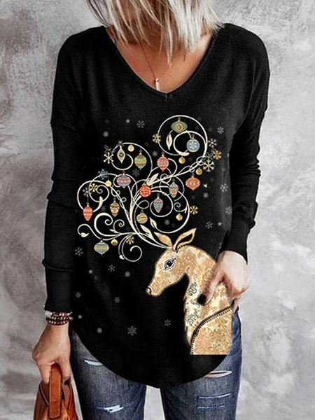 Casual V neck Shirts & Tops, Black, Tops