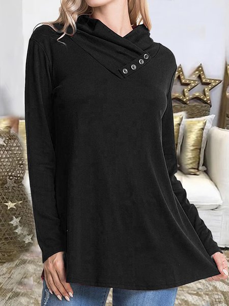 Elegant Buttoned Cowl Neck Shirts & Tops, Black, Long sleeve tops