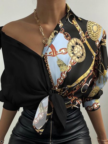 Long Sleeve Shirt Collar Lady Regular Fit Shirt, Black, Blouses and Shirts