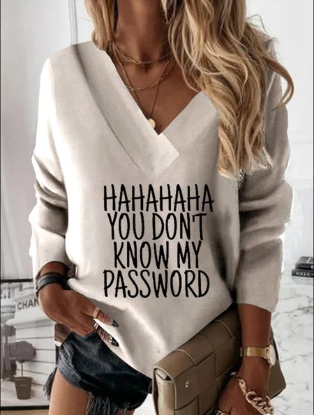 V Neck Loosen Letter Shirts & Tops, Apricot, T-Shirts