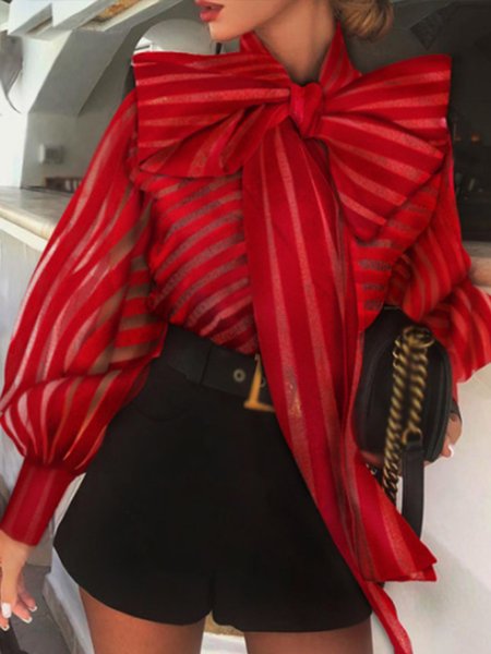Elegant Striped Knot Front Top, Red, Blouses and Shirts