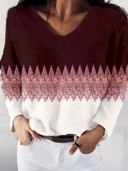 V Neck Geometric Cotton Blends Shirts & Tops, Red, Long sleeve tops