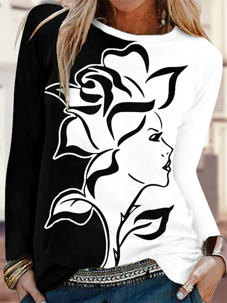 Long Sleeve Casual Crew Neck Printed Shirts & Tops, Black, T-Shirts