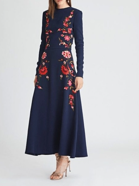 Spring Loosen Elegant Long sleeve Work Formal Dresses, Navyblue, Maxi Dresses