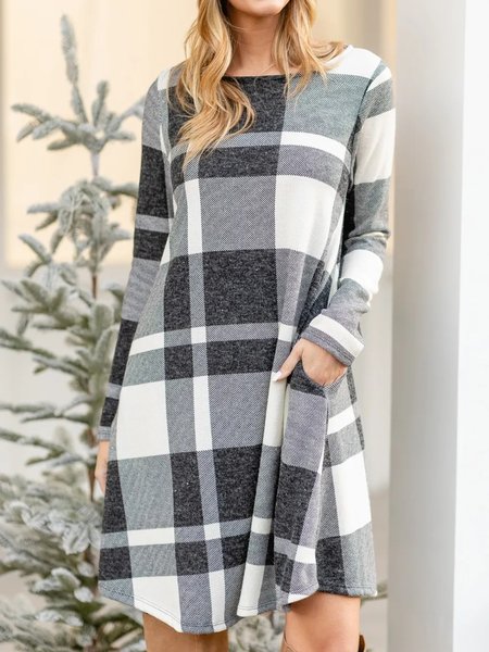 Cotton Loosen Plaid Casual Dresses, White, Casual Dresses
