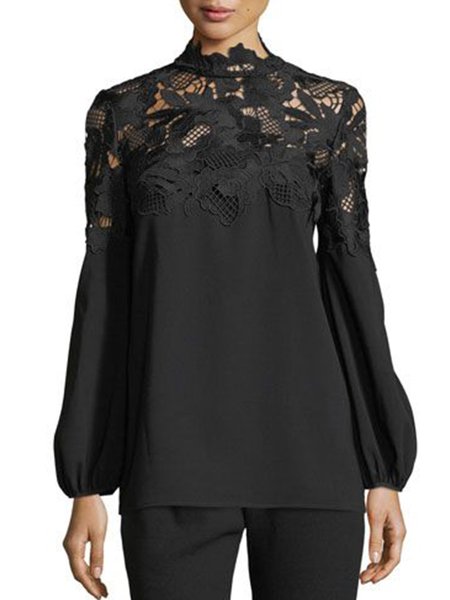 Elegant Vacation Lace Splicing Top, Black, Blouses and Shirts