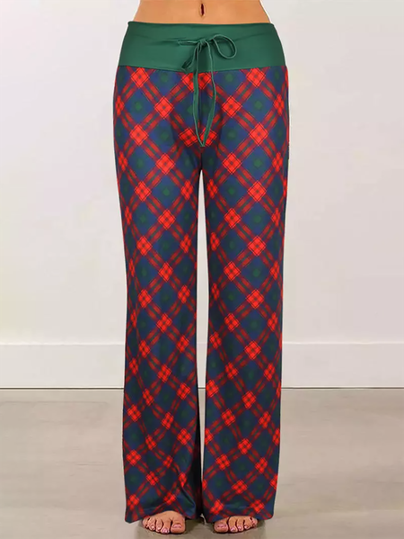 Loosen Plaid Drawstring High Waist Wide Leg Pants, Red, Pants